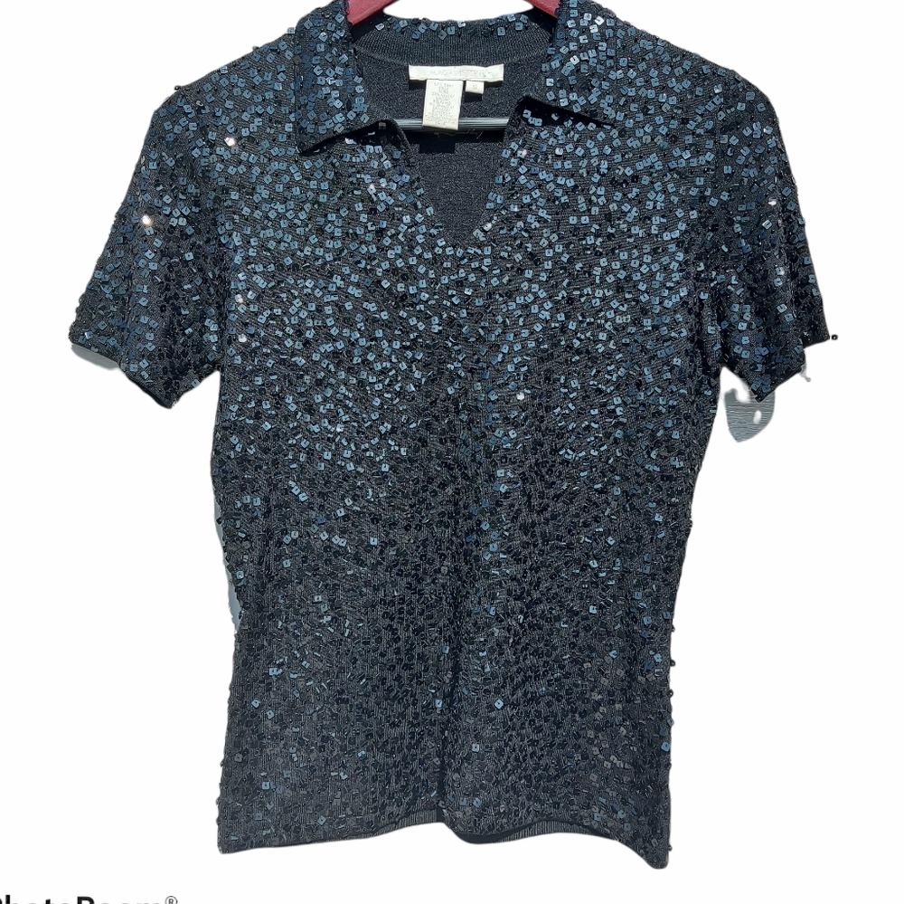 Magaschoni silk beaded short sleeve collar blouse Black Size Small